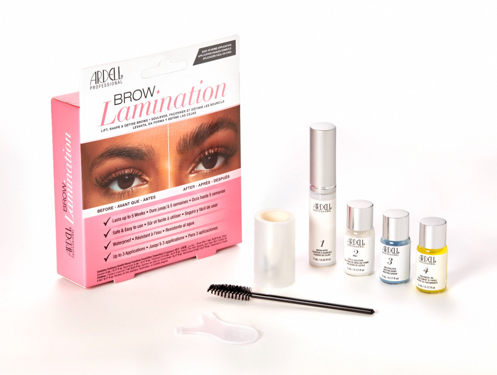 Ardell Brow Lamination Kit includes brow lamination solutions, brush, and shaping tools for lifted, defined brows.