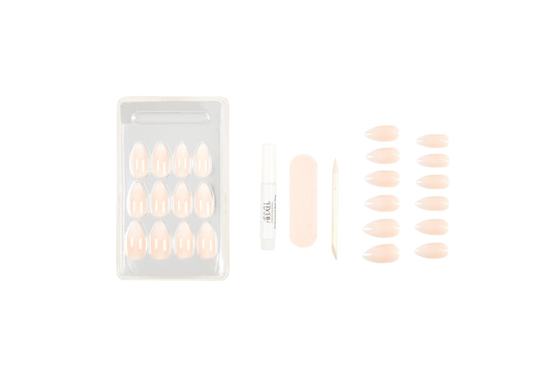 Set of Ardell Nail Addict Artificial Nail in Ombré Fade variant with almond shape  laid down one by one in 45-degree angle