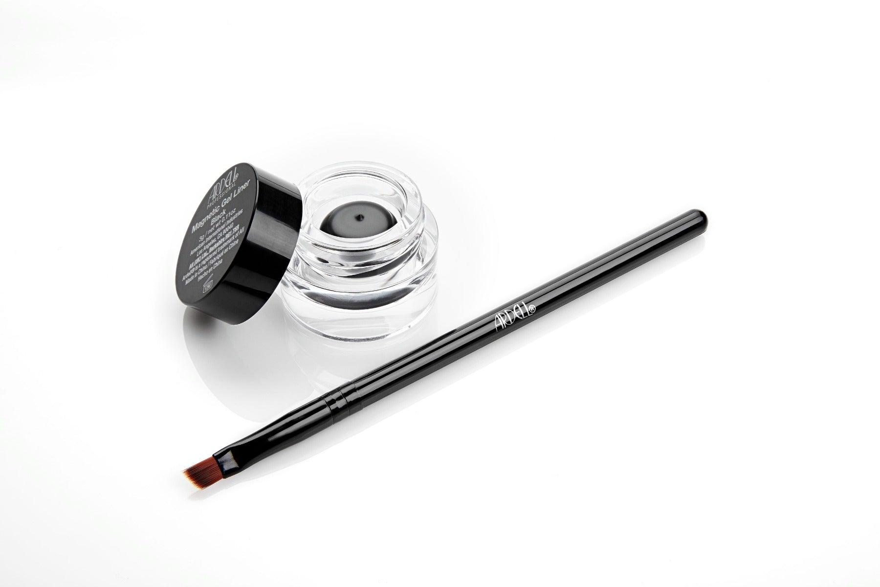Open container of Ardell Magnetic Gel Liner featuing its contents side by side with applicator brush 