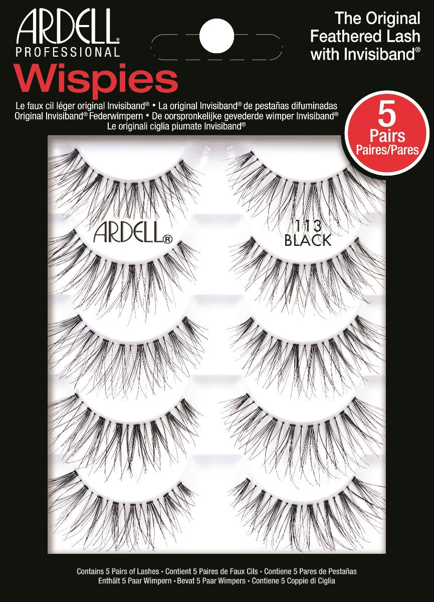 A 5 pairs of Ardell Wispies 113 inside its retail packaging with some texts written on it
