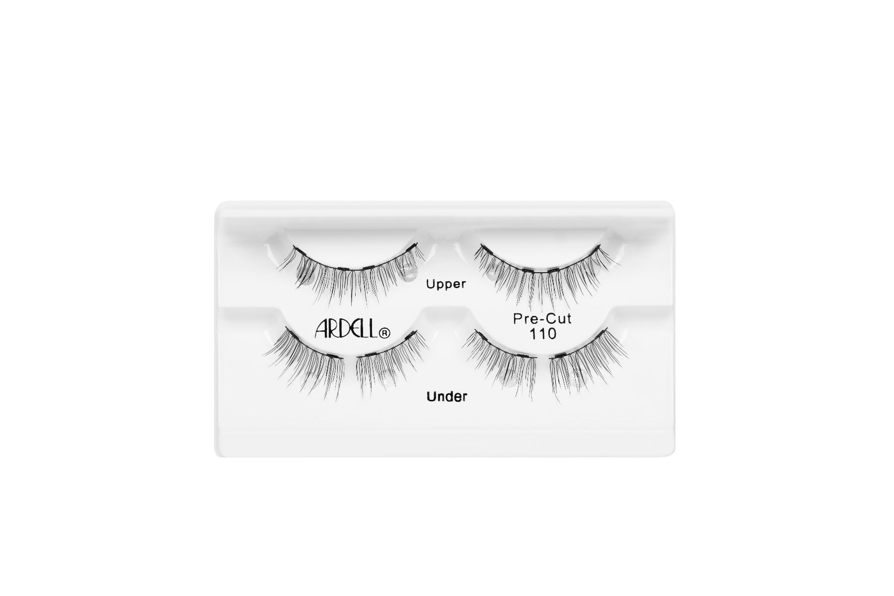 Ardell Pre-cut Magnetic Lash 110 faux lashes set in inner packaging labelled "Ardell", "Pre-Cut 110", "Upper", & "Under"