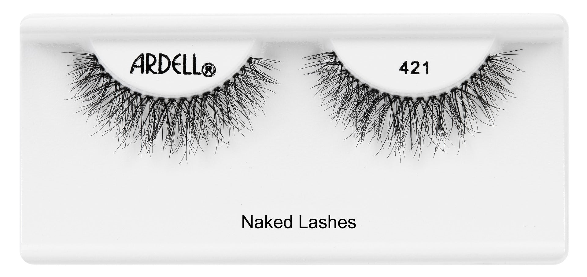 Pair of Ardell Naked Lash 421 false lashes in inner packaging labeled "Ardell", "421", & "Naked Lashes"