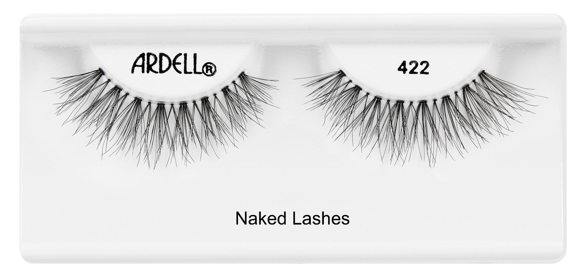 Pair of Ardell Naked Lash 422 faux lashes in inner packaging labeled "Ardell", "422", & "Naked Lashes"