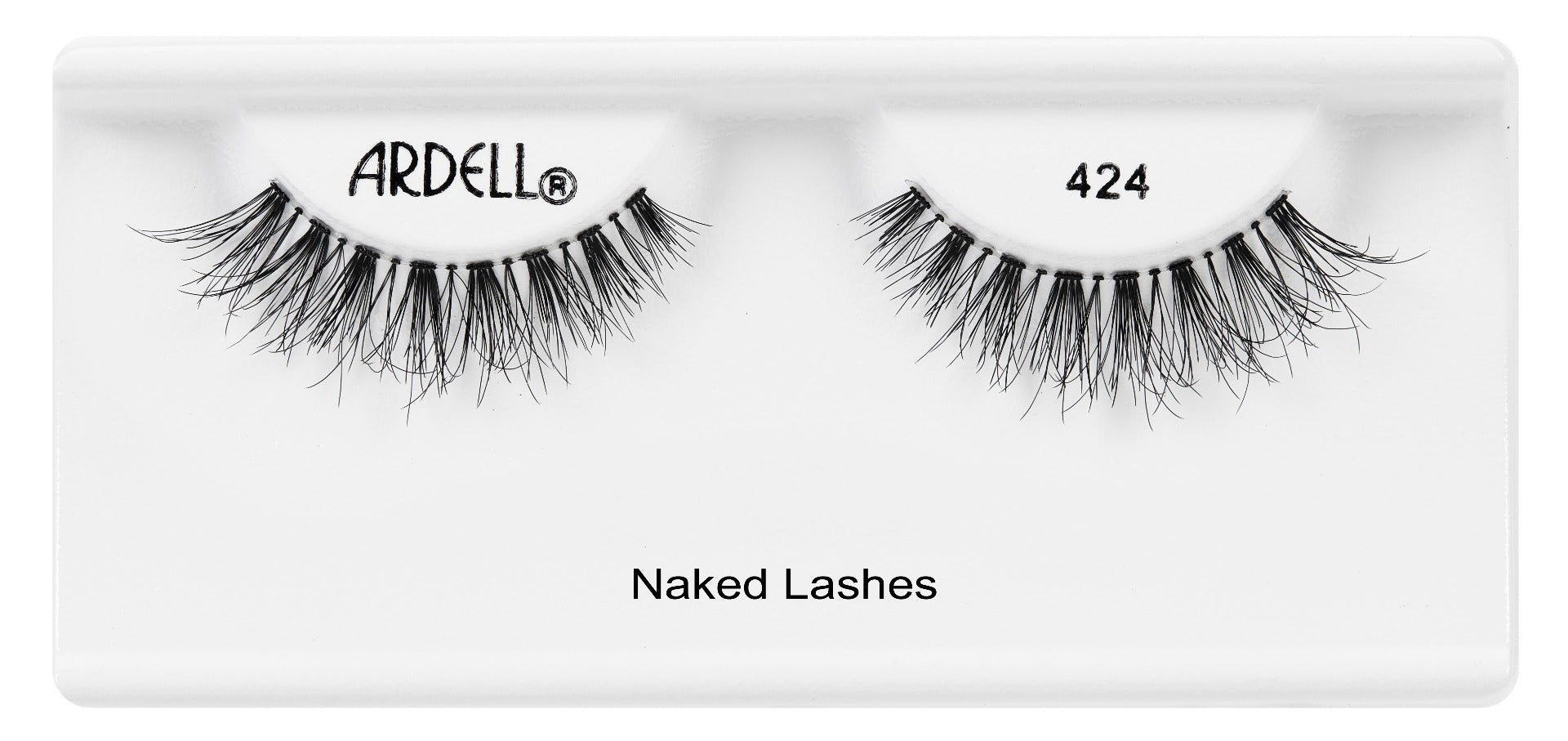 Pair of Ardell Naked Lash 424 faux lashes in inner packaging labeled "Ardell", "424", & "Naked Lashes"