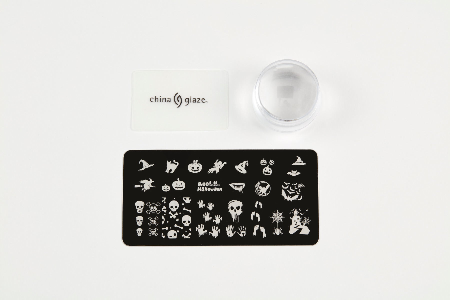 Top view of China Glaze Nail Art Ghoulish Stamping Kit displayed separately