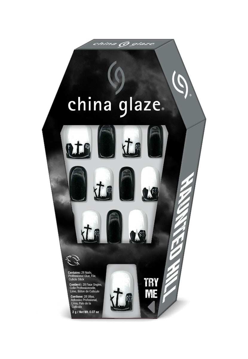 A China Glaze Nail Tips, HAUNTED HILL Black packaging display