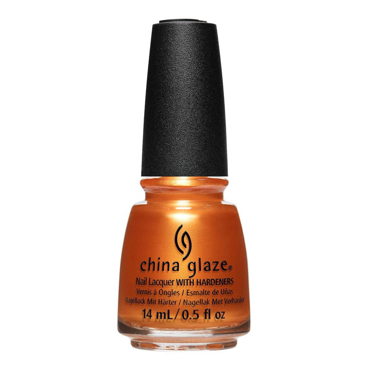 Front view of China Glaze bottle with black cap in shade  Bring the Heat.
