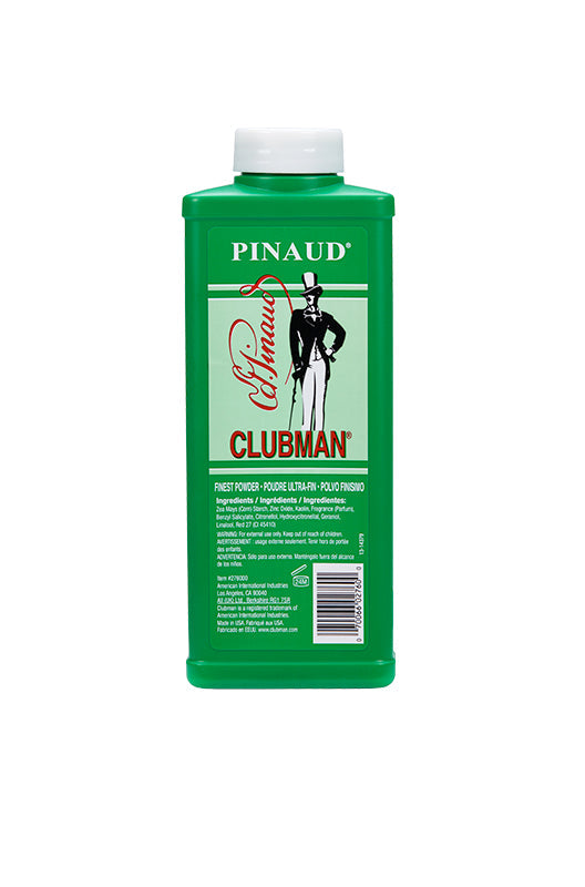 Front view of a green 9 ounce Clubman Finest Powder White container with white top cap