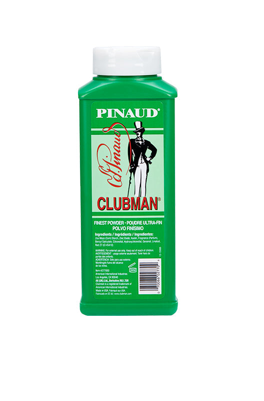 Front view of a green 4 ounce Clubman Finest Powder White container with white top cap