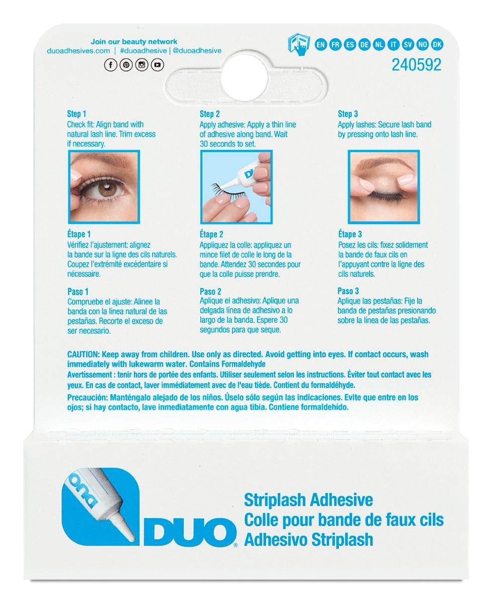 Back details of Ardell DUO Strip Lash Adhesive - Clear box with application and removal instructions in different languages