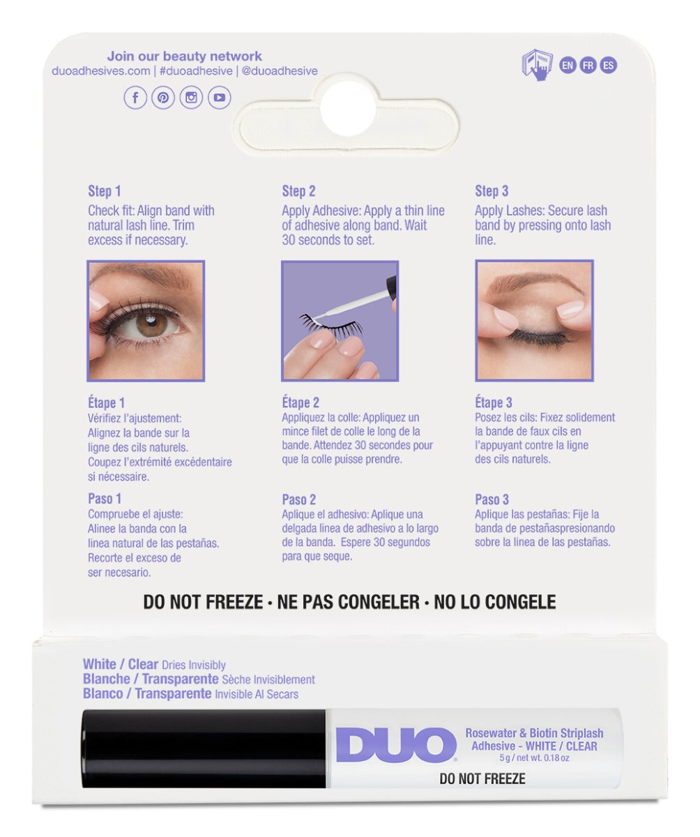 Back details of DUO® Rosewater & Biotin Striplash Adhesive with step by step instruction in different languages
