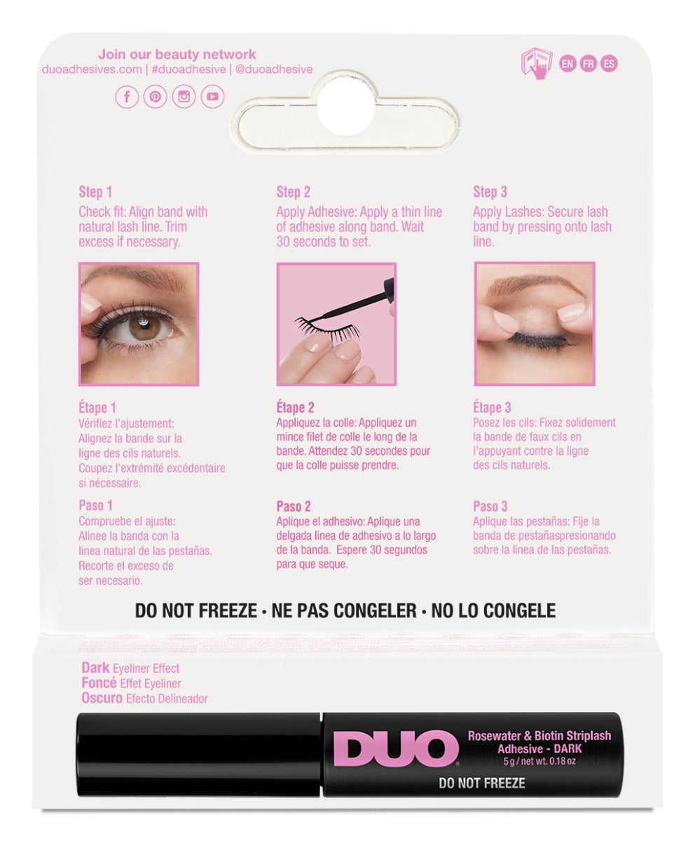 Back details of  DUO Rosewater & Biotin Striplash Adhesive  box with application & removal instructions  