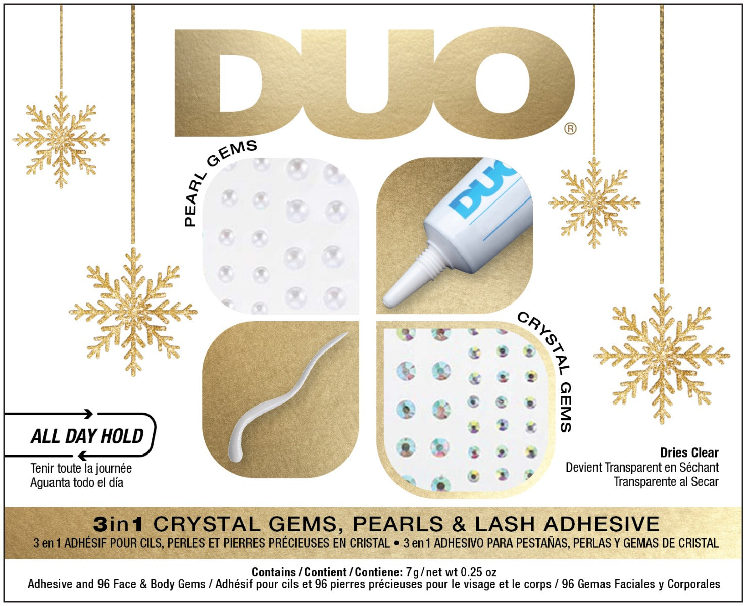 DUO 3-in-1 Crystal Gems, Pearls & Lash Adhesive – All-day hold glue with decorative face and body gems for dazzling beauty looks.