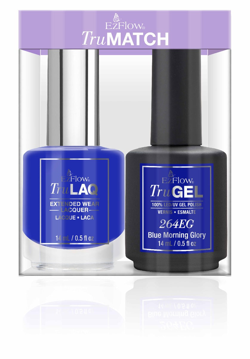 EzFlow TruMatch Blue Morning Glory nail polish set with lacquer and gel polish.