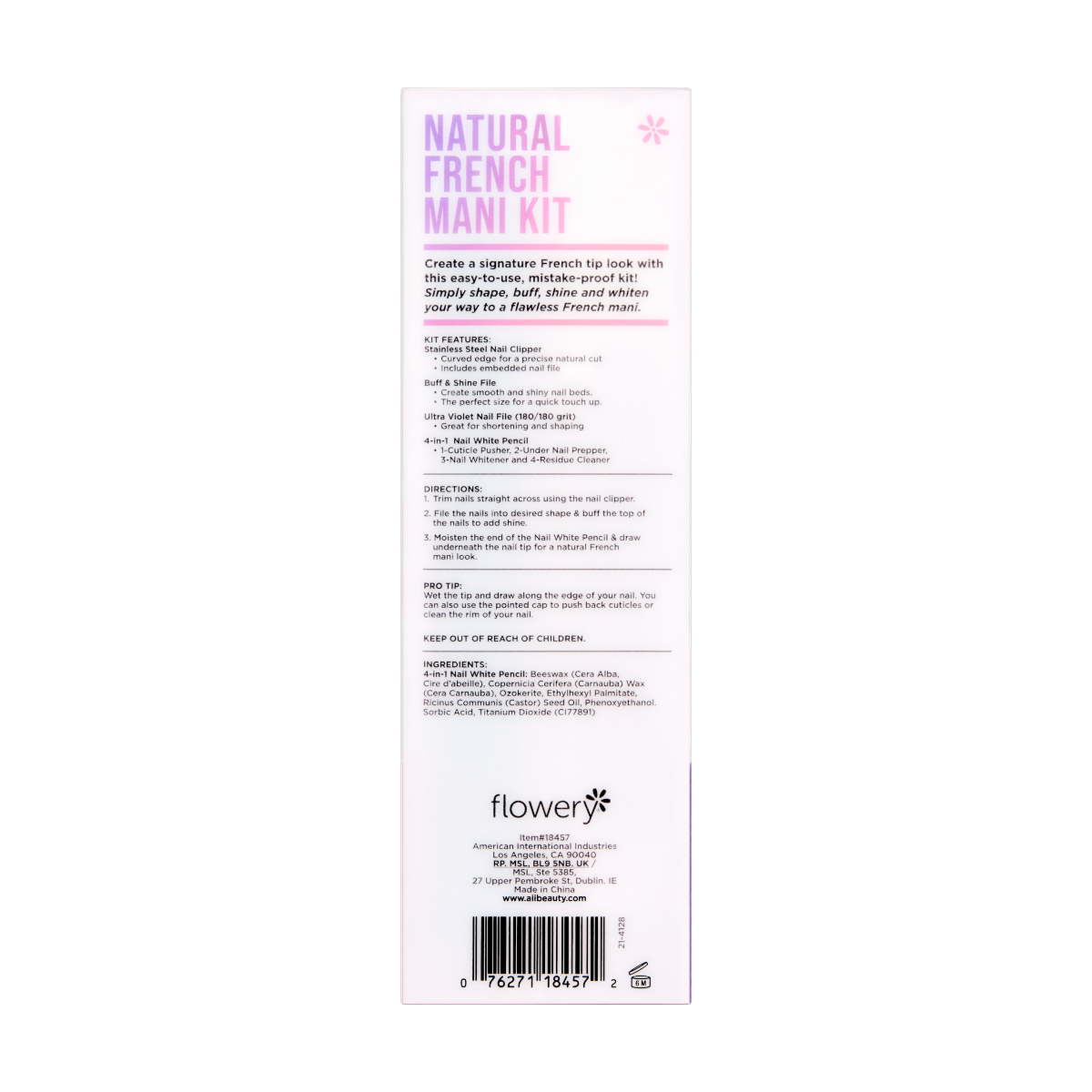 Back view of Natural French Mani Kit in Box Packaging with Kit Features, Directions, Pro Tip, and Ingredients stated 
