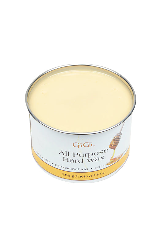 Angled top view of a 14 ounce can of GiGi All Purpose Hard Wax without lid showing its wax contents