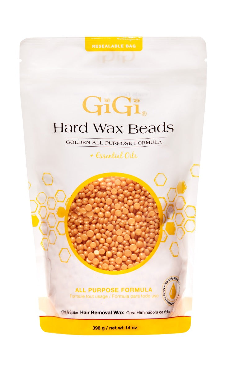 Front view of WAX BEADS GOLDEN ALL PURPOSE FORMULA 32 OZ. pouch packaging with window showing gold colored wax beads