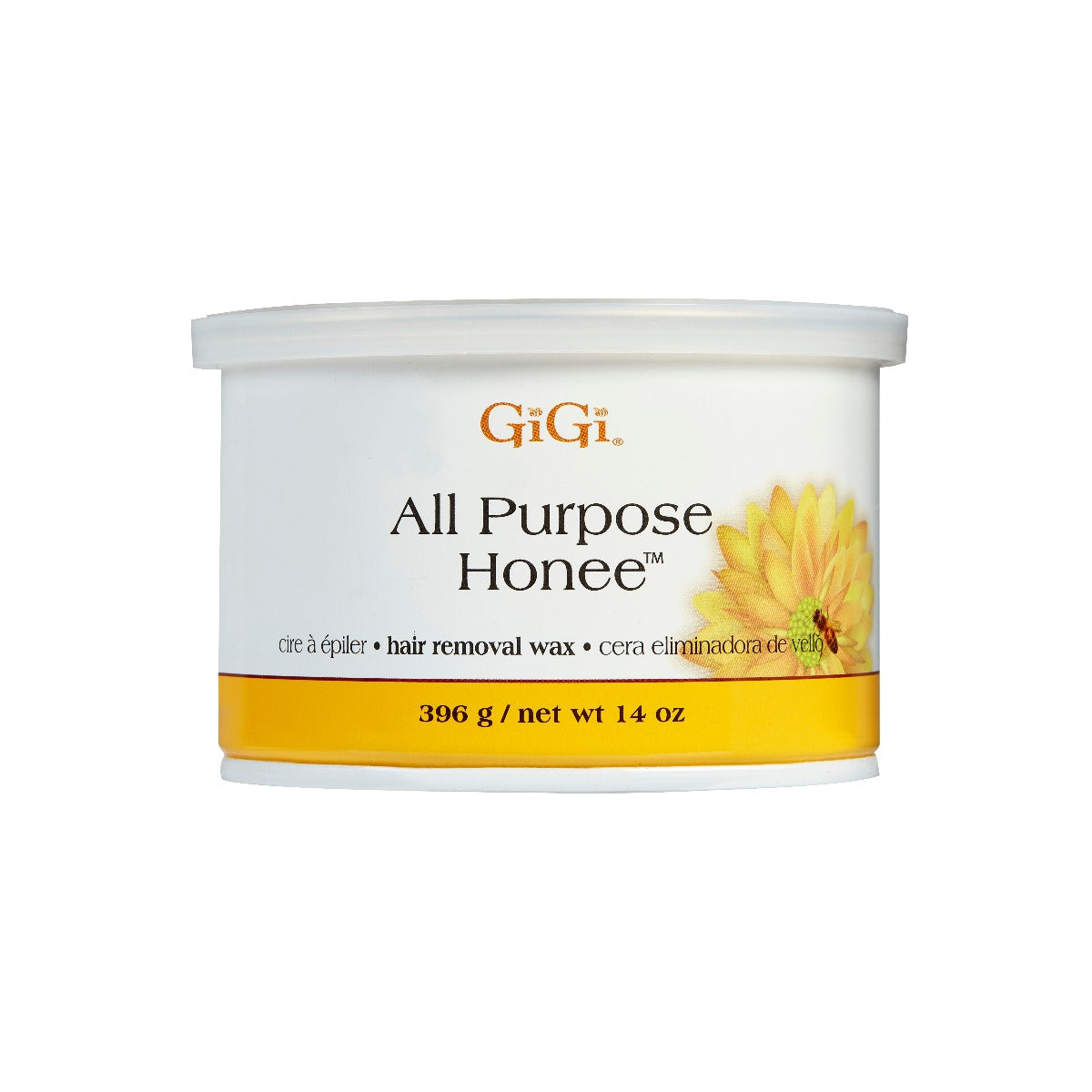 Front view of a GiGi All Purpose Honee Soft 14 ounce cannister
