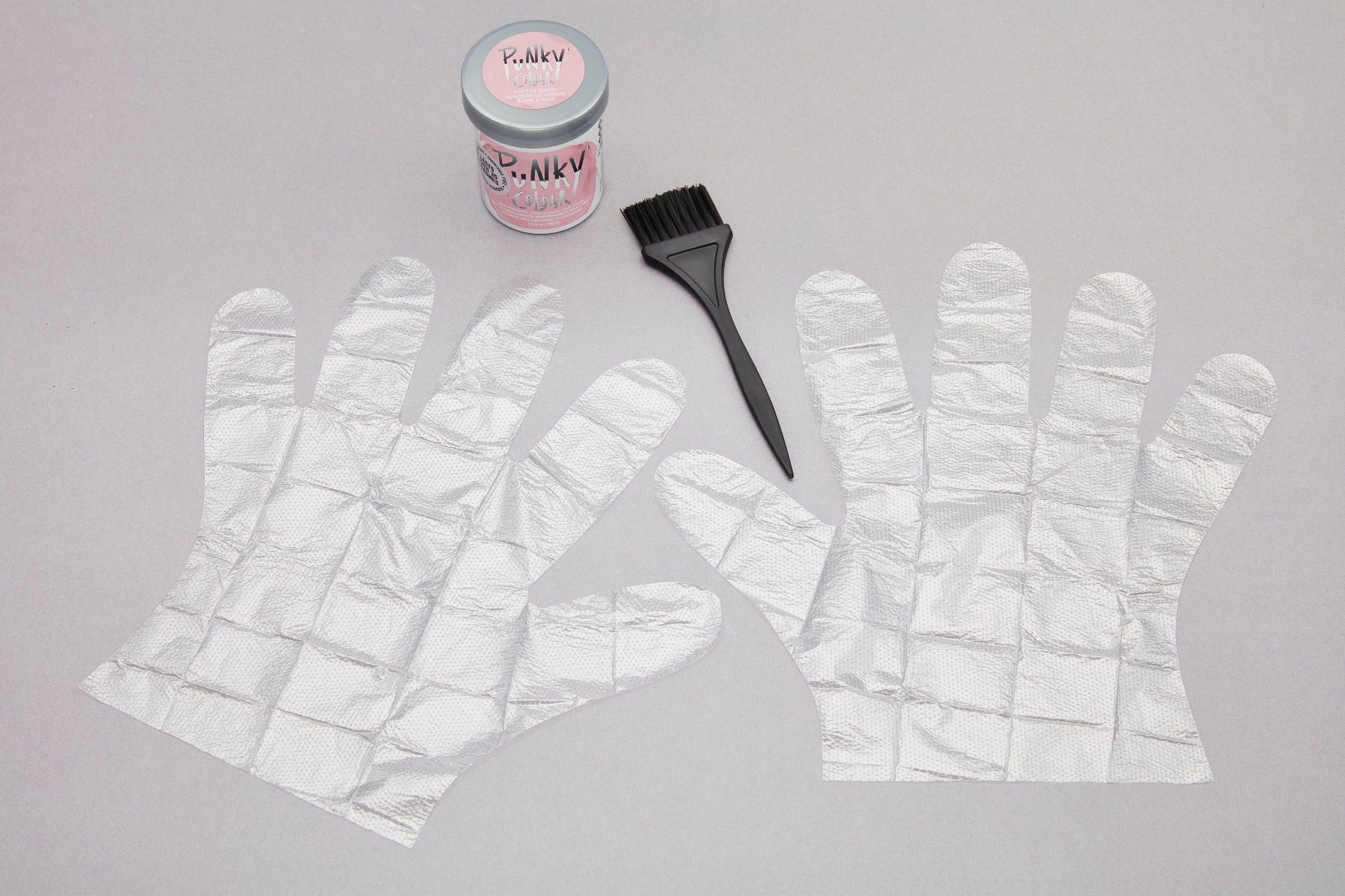 Jar of Punky Colour Semi Permanent Hair Color Cotton Candy alongside included tint brush & plastic gloves