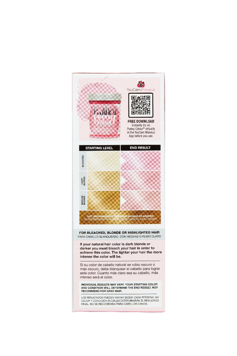 Left face of Punky Colour Flamingo Pink with hair color result chart for different levels of bleached hair 