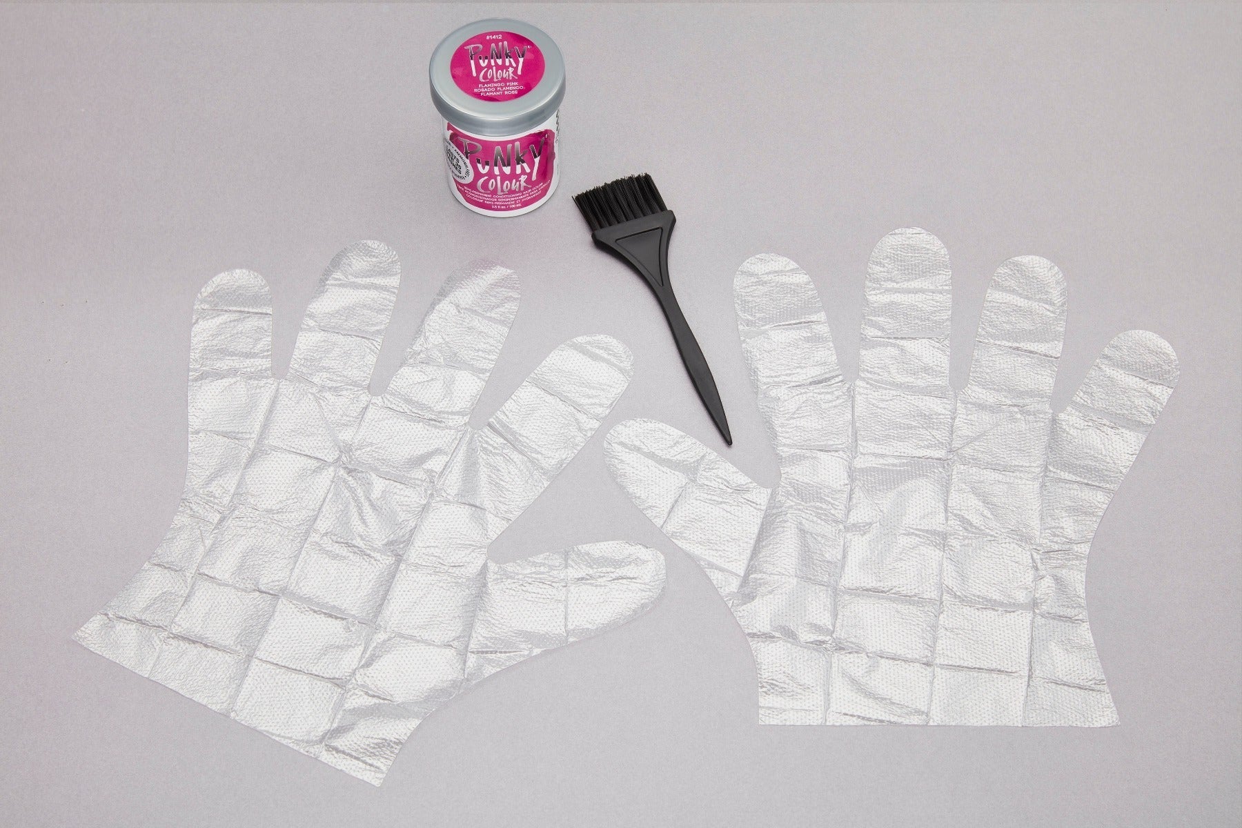Punky Colour Semi-Permanent Hair Color Kit box contents featuring a jar of hair color, brush, & protective gloves