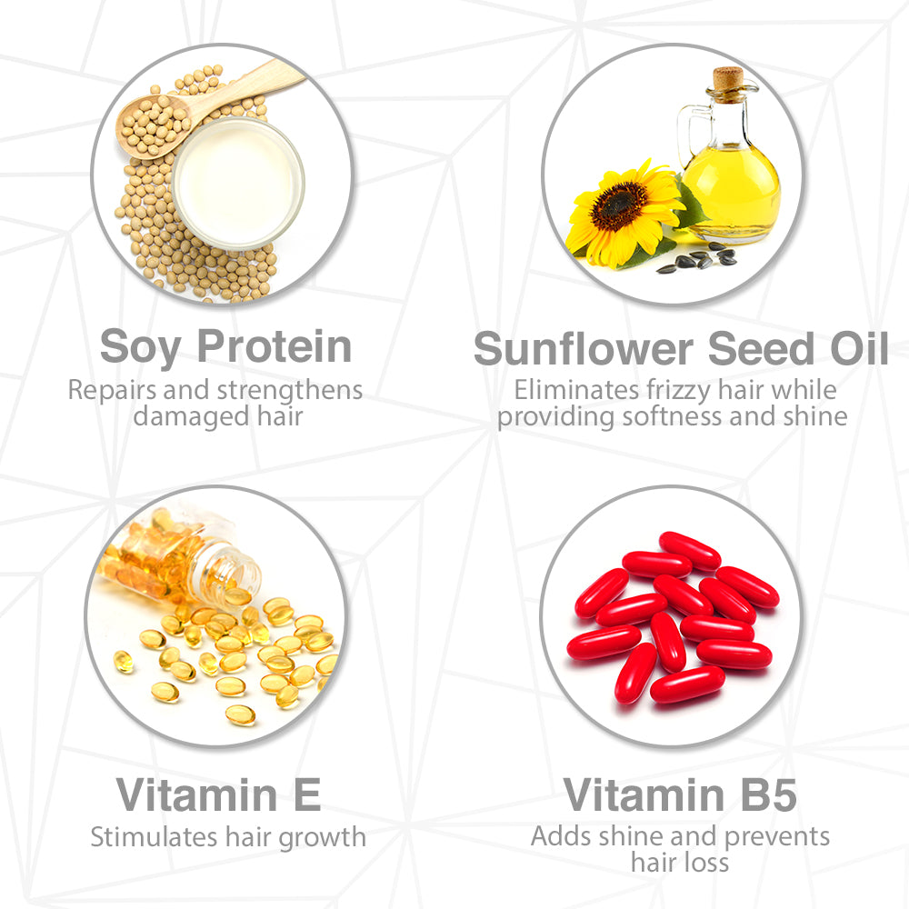 Essential Hair Care Ingredients - Soy protein, sunflower seed oil, vitamin E, and vitamin B5 for hair repair, shine, and strength.