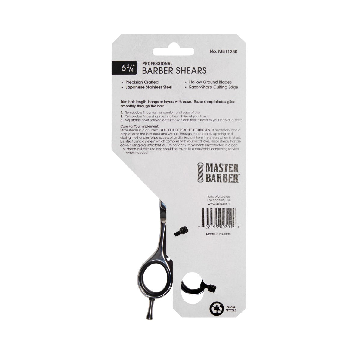 Back of Master Barber Barber Shears packaging – product details, specifications, and care instructions.