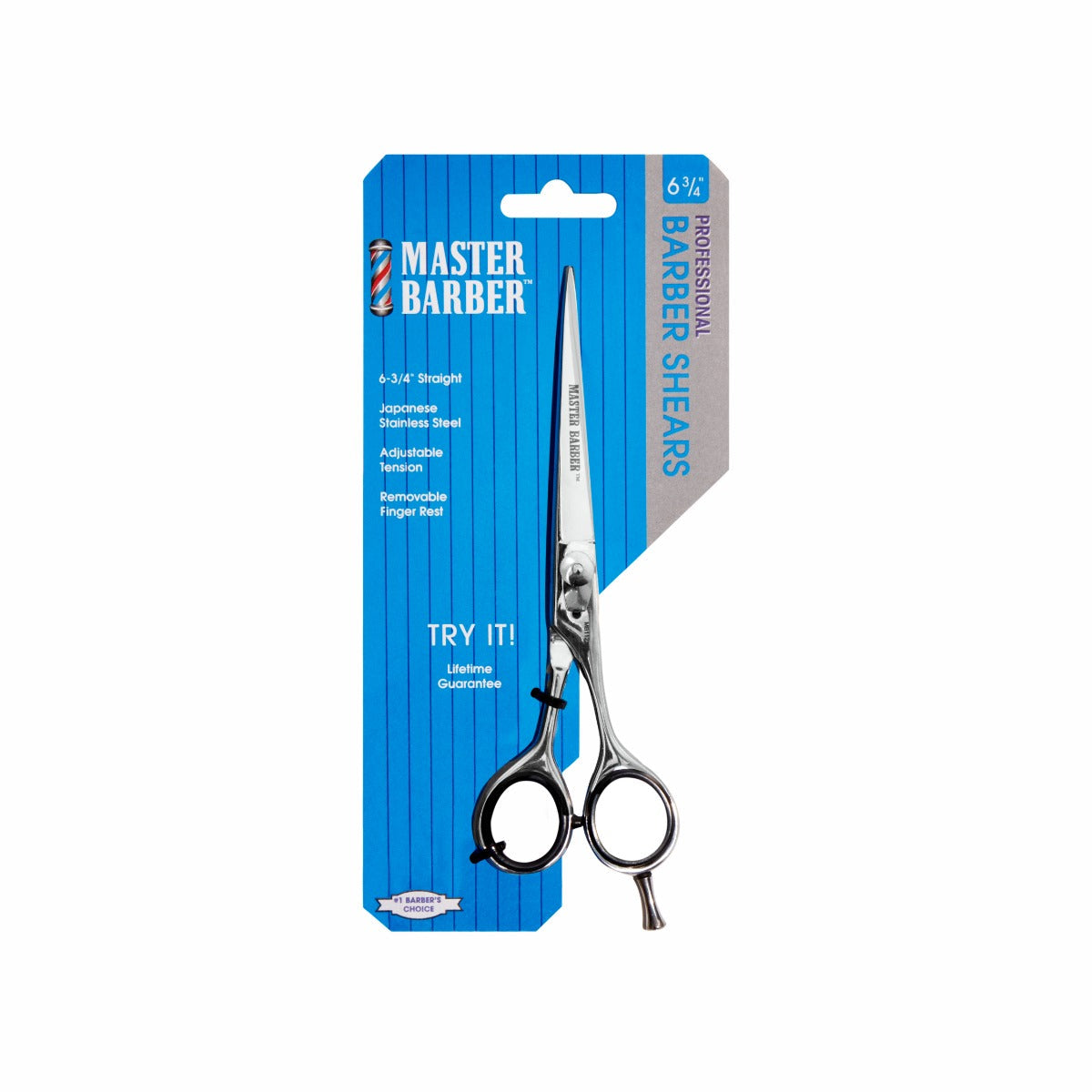 Master Barber Professional Barber Shears in packaging – high-quality Japanese stainless steel scissors.