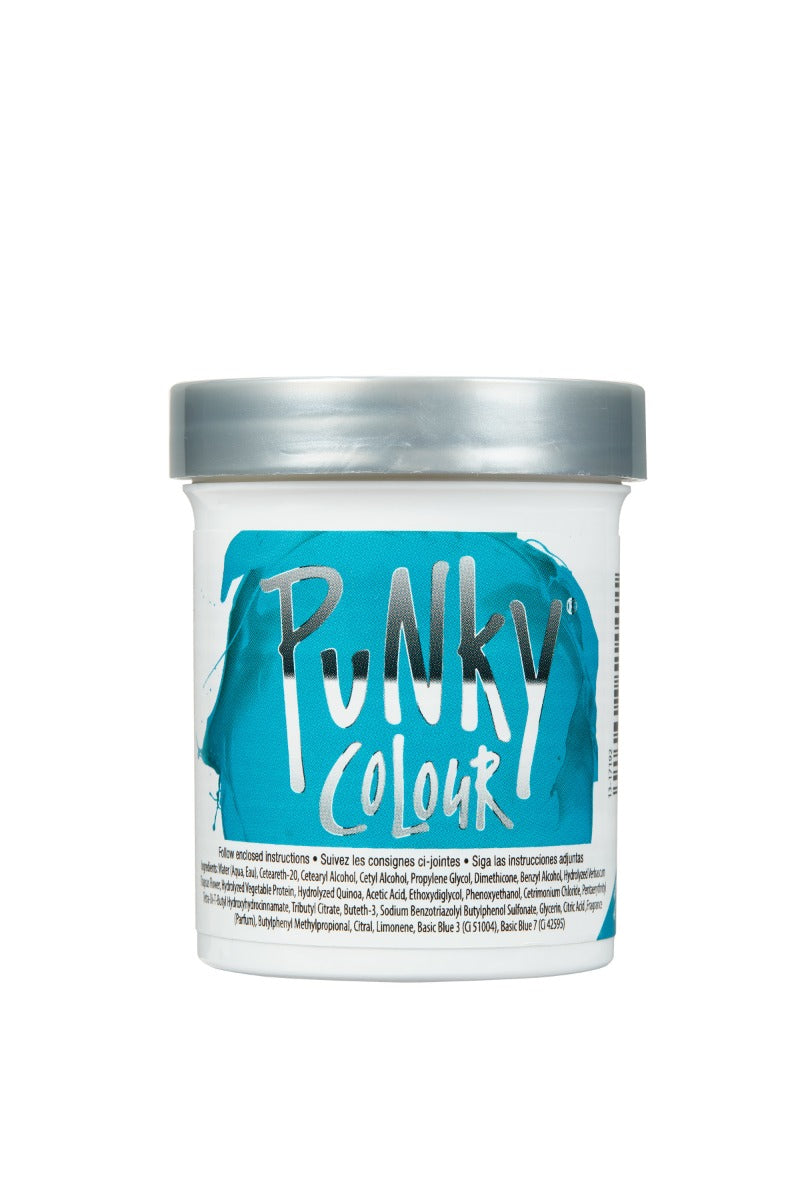 Punky Colour Turquoise hair dye back view – Vibrant turquoise semi-permanent hair dye jar with ingredient details visible.
