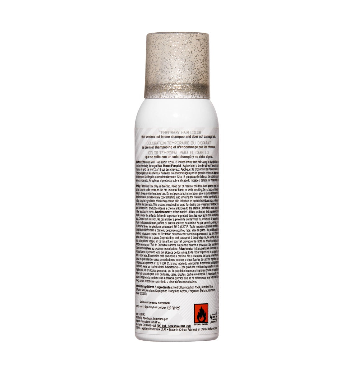 Punky Colour Silver Glitter Spray back view – A detailed image of the product label displaying ingredients, instructions, and warnings.