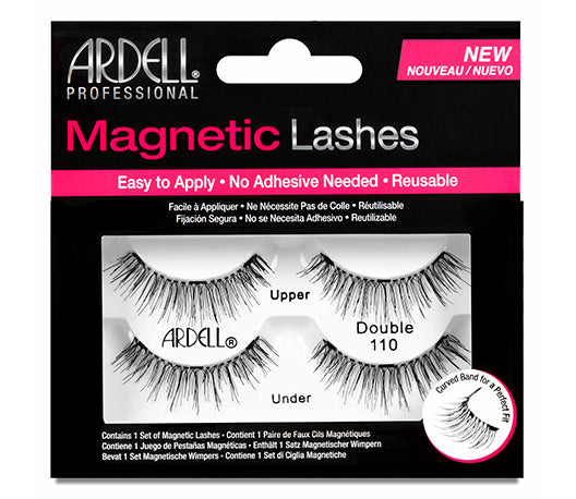 Front view of a full set of Ardell Magnetic Double Lash 110 upper & lower faux lashes in retail wall hook packaging