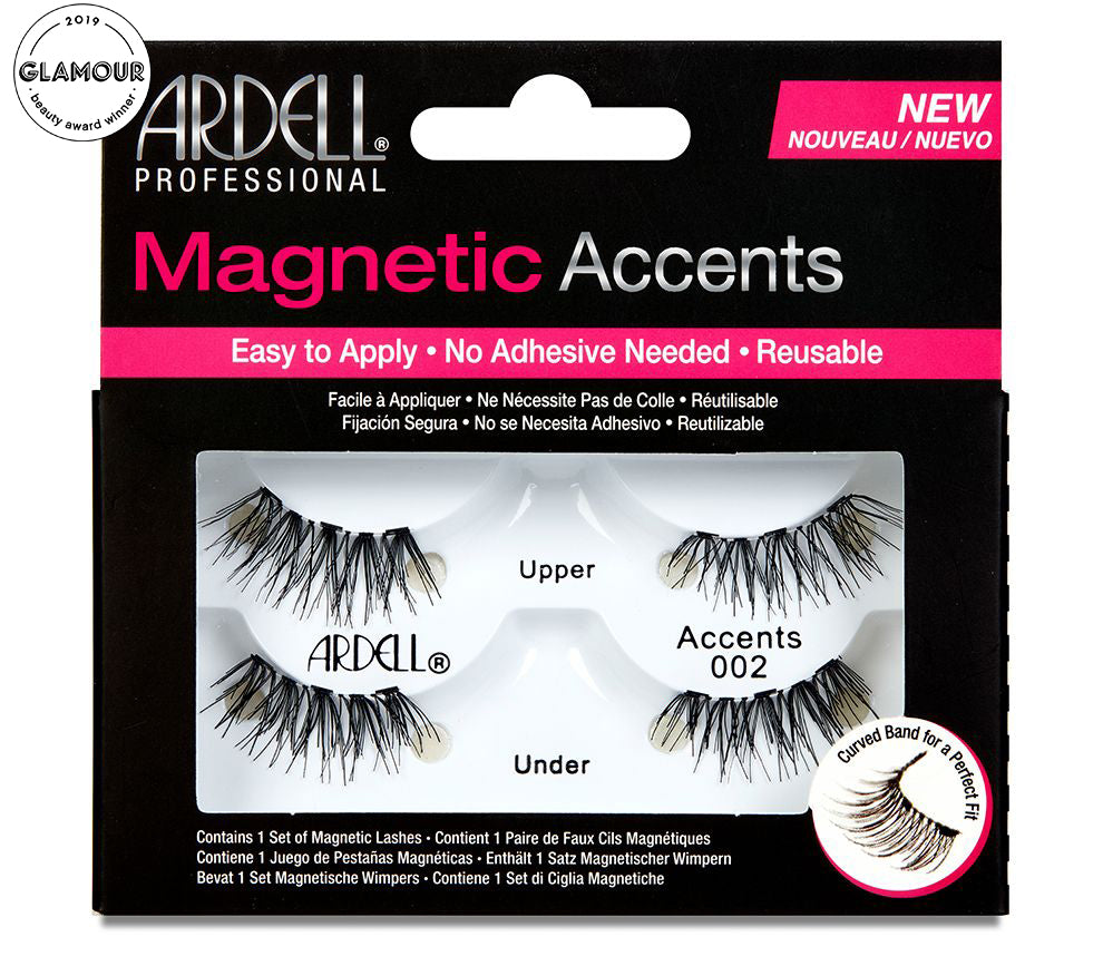 Front view of an Ardell Magnetic Accent 002 false lashes set in retail wall hook packaging