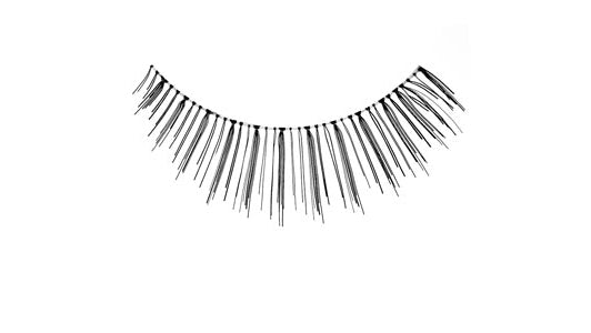 A single Ardell Natural 124 showing its actual look, a very light volume, short length, and rounded lash style