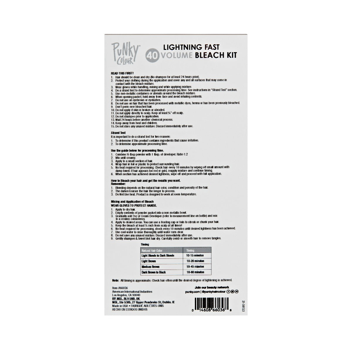 Back of Punky Colour Lightning Fast Bleach Kit – Instructions and guidelines for safe and effective hair bleaching results.