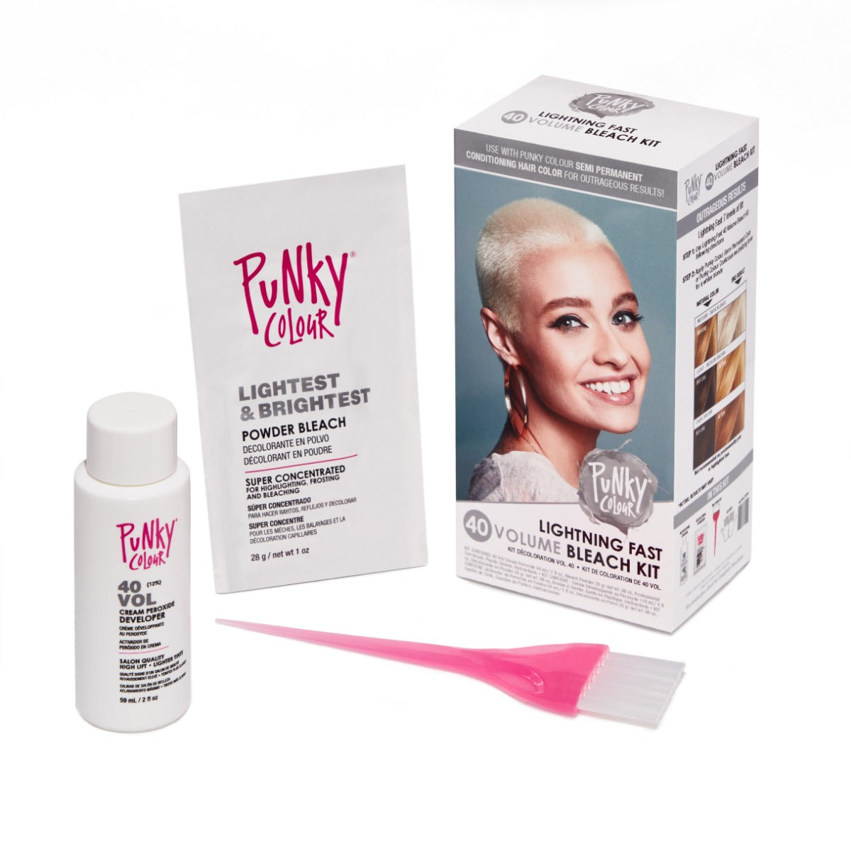 Punky Colour 40 Vol Bleach Kit with Tools – Complete bleach kit including developer, powder bleach, and tint brush.