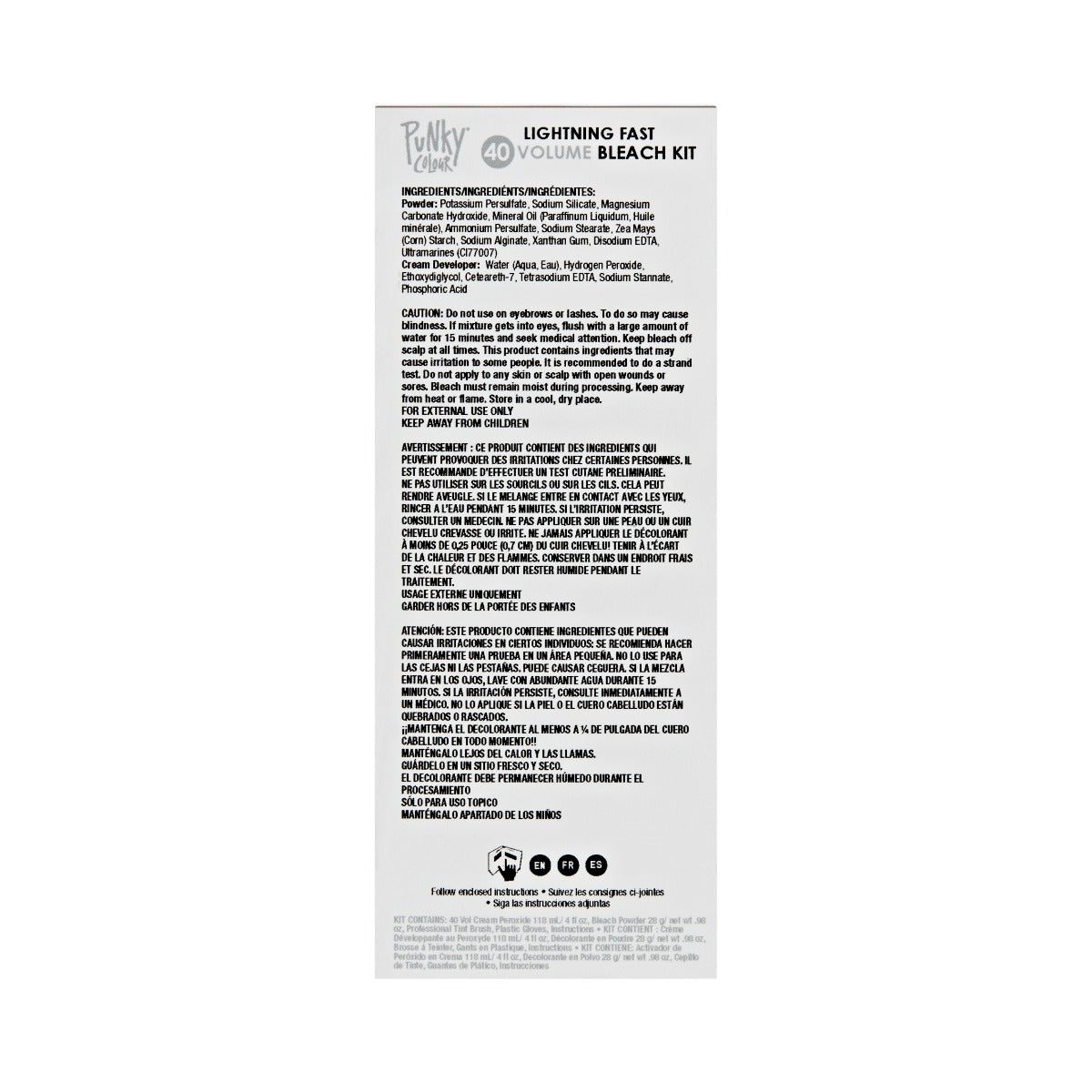 Ingredients and Warnings for Punky Colour Bleach Kit – List of active ingredients and important safety precautions for bleaching.