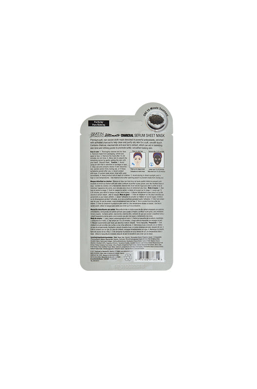 Back of a grey foil pack of Satin Smooth Charcoal Serum Sheet Mask with instructions & product information