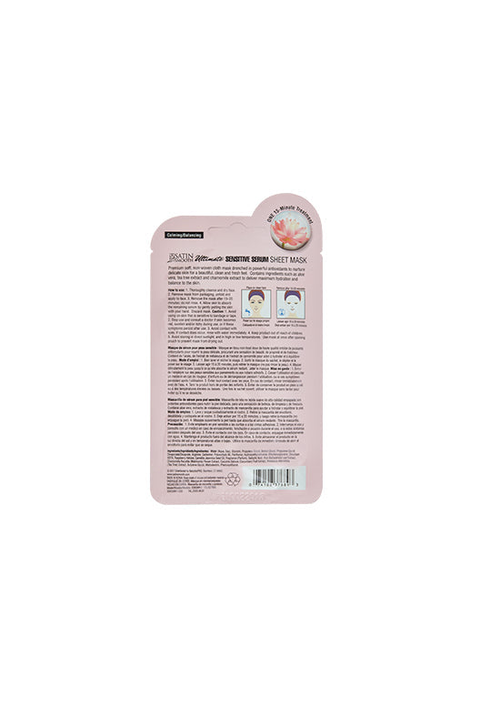 Back of a light pink foil pack of Satin Smooth Sensitive Serum Sheet Mask with instructions & product information