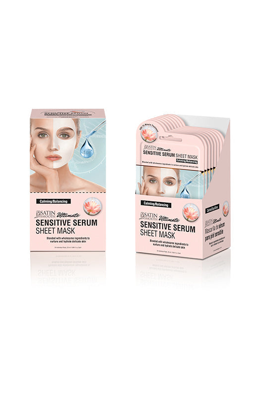 Opened & unopened light pink boxes of Satin Smooth Sensitive Serum Sheet Mask side by side
