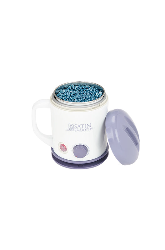 Satin Smooth wax warmer filled with blue wax beads, equipped with a lid for easy storage and smooth waxing sessions.