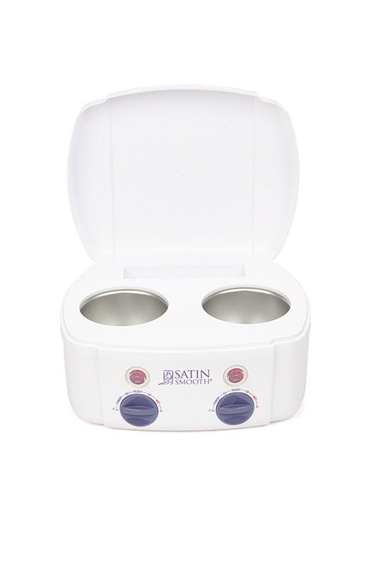 White electric dual wax warmer with an open cover