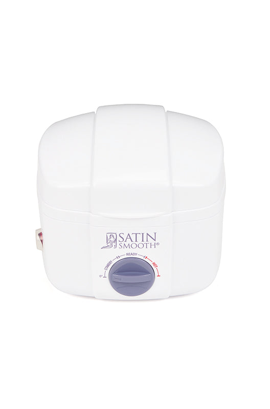 Front view of Satin Smooth Professional Single Wax Warmer with closed lid and showing its purple temperature dial