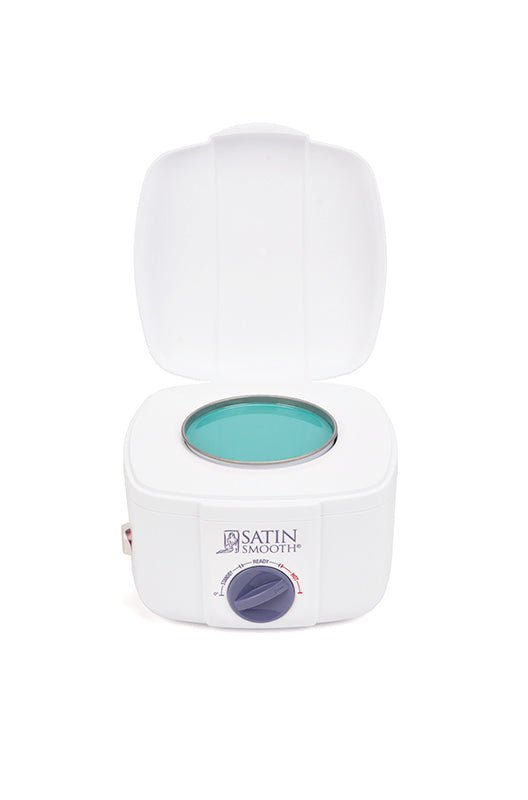 Satin Smooth Professional Single Wax Warmer with fully opened lid displaying its wax well filled with melted light green wax