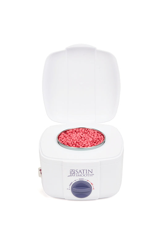Satin Smooth Professional Single Wax Warmer with fully opened lid displaying its wax well filled with red wax granules