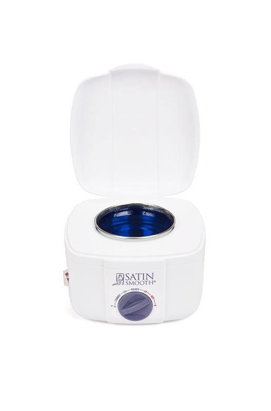 Satin Smooth Professional Single Wax Warmer with fully opened lid displaying its wax well filled with melted dark blue wax