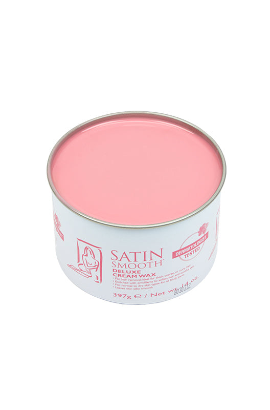 Angled top view of a 14 ounce can of Satin Smooth Deluxe Cream Wax showing its creamy rose pink color