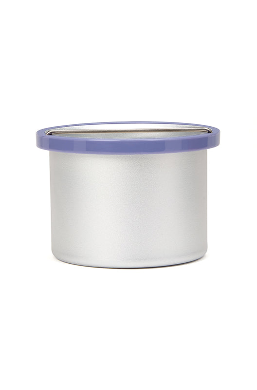 Front view of an aluminum pot with a lilac color lining