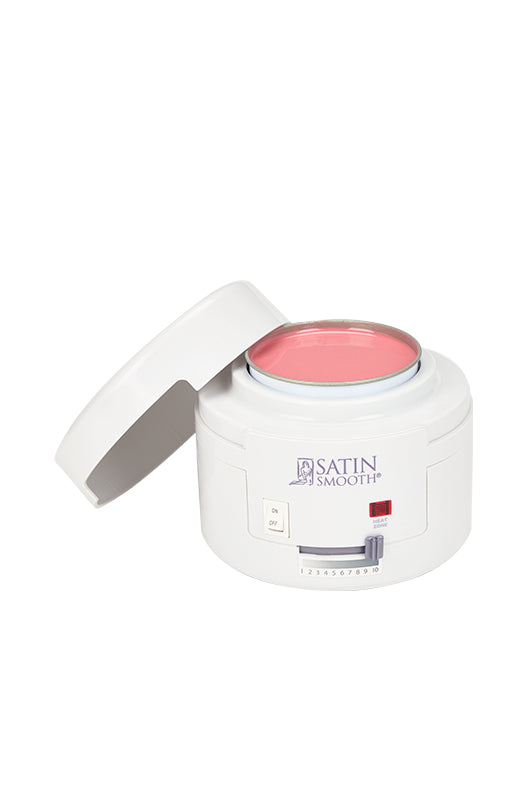 Satin Smooth Professional Single Wax Warmer with its lid leaning on its right side & wax welll filled with melted red wax