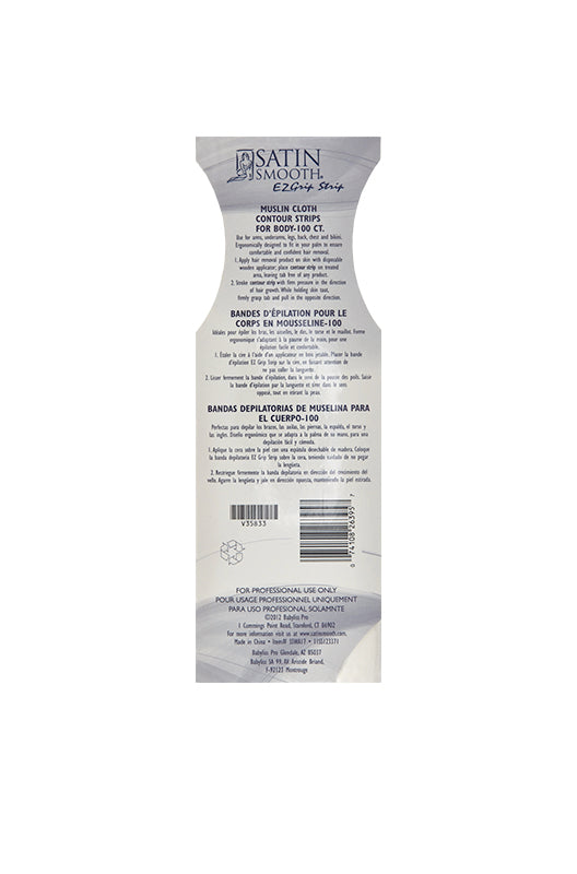 Back of Satin Smooth muslin cloth strip pack, featuring product details and usage instructions.