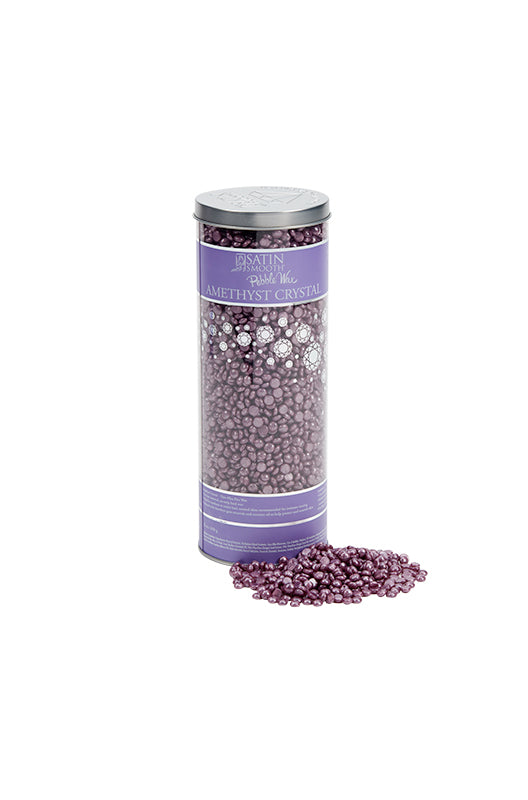 3D illustration of violet hair removal beans in a transparent tin with printed text and sample wax beans 